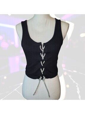 NEW Medium LaBijou Rhinestone Black Lace Up Crop Tank Top Y2K Going Out Club